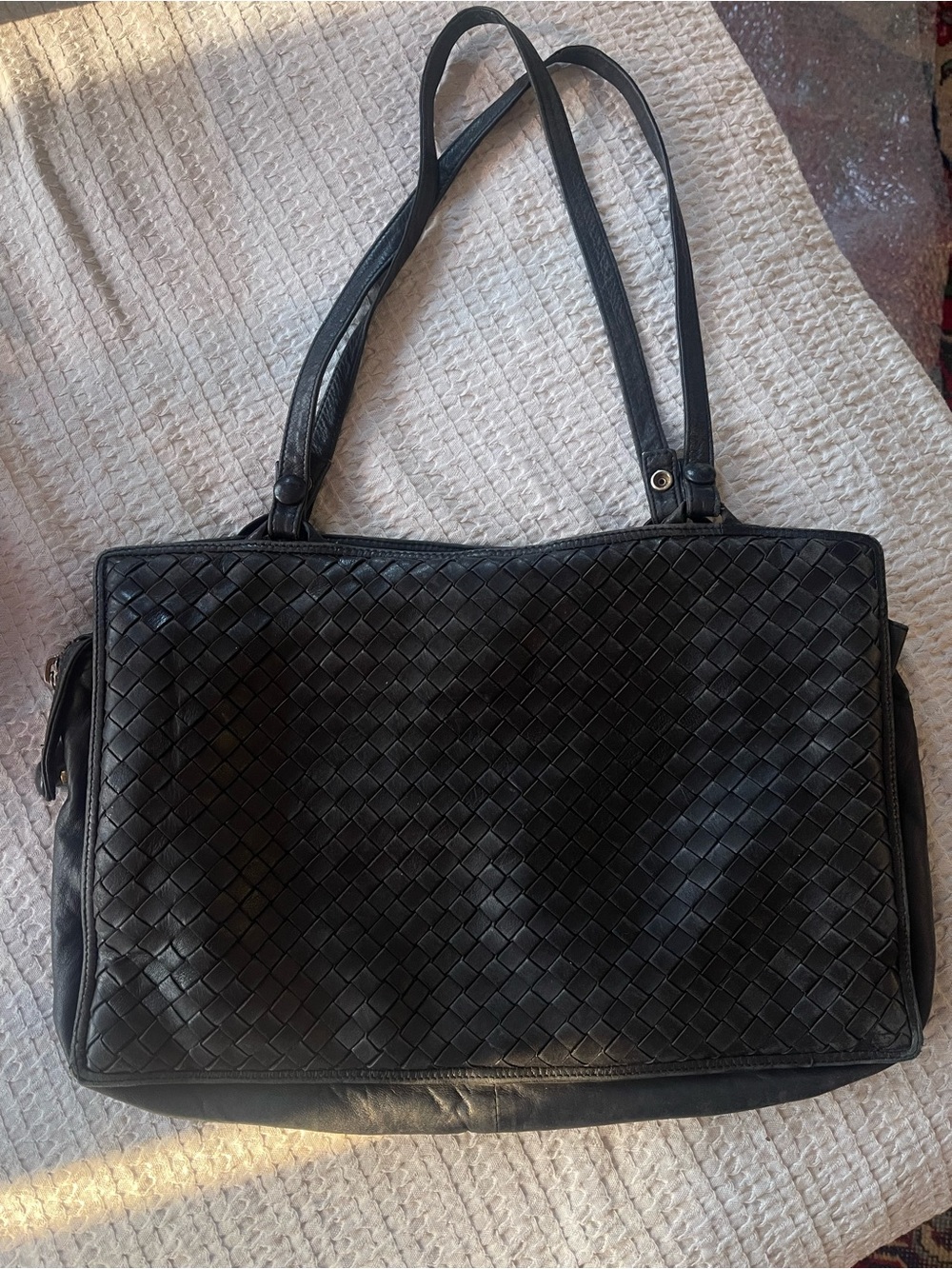 Vintage Bottega Veneta Black Intrecciato Leather Woven Tote Shoulder Bag 1980s